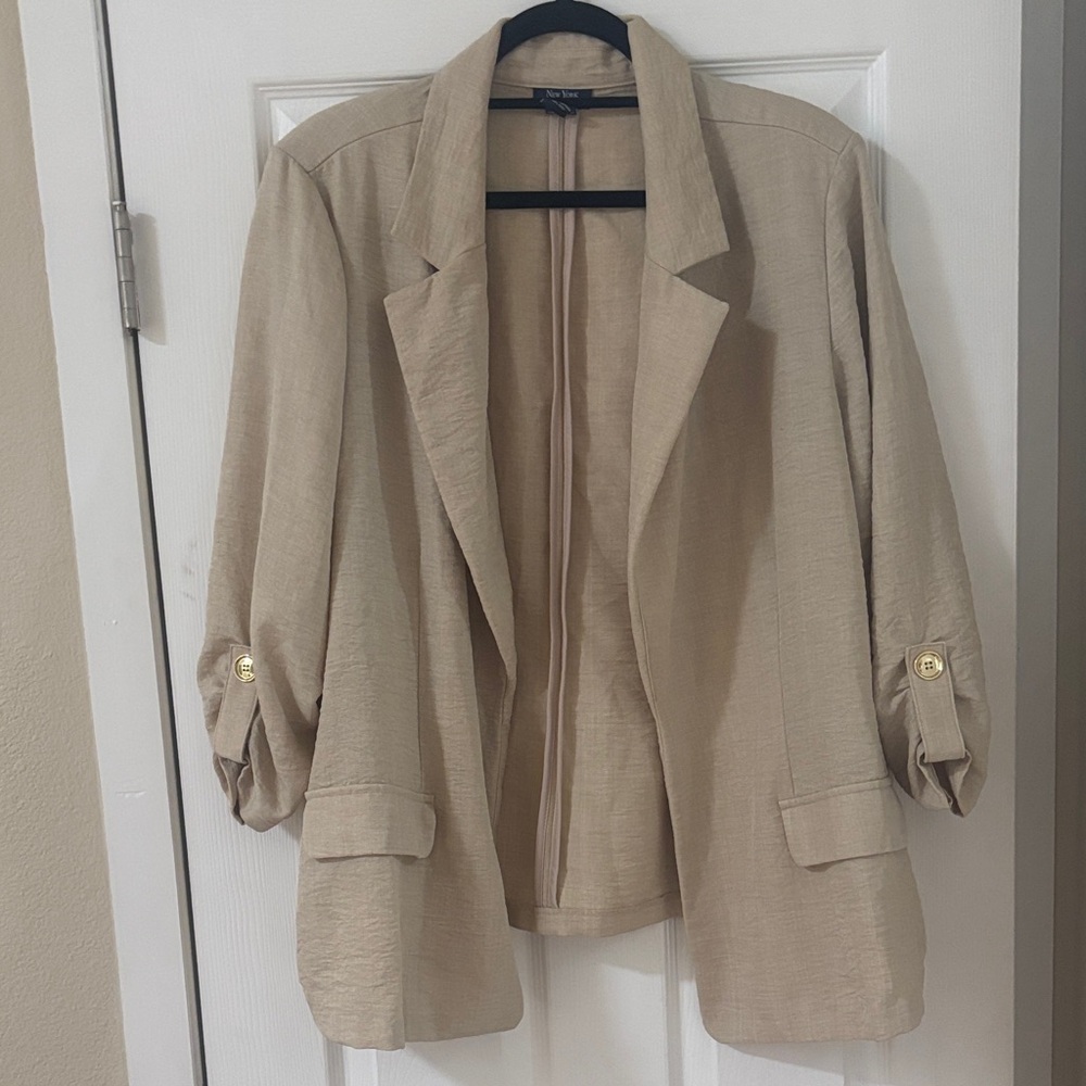 New York & Company Beige Open-Front Blazer with Rolled Sleeves